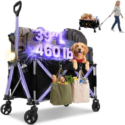 39" L Collapsible Wagon with All-Terrain Wheels, 460 lbs Foldable Cart with Detachable Flashlight, Pockets & Flexible Steering Handle, Black Utility Heavy Duty Folding Beach Wagons Carts - color: Black