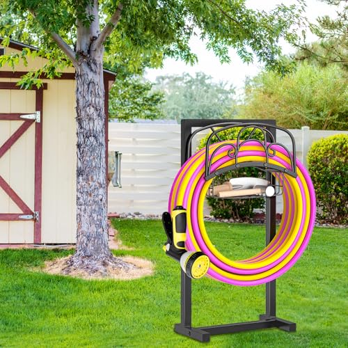 Garden Hose holder, 4-Spike Heavy Metal with Storage Basket, Arch - style: curved line with Storage Basket
