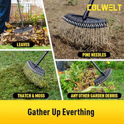 Colwelt Thatch Rake, Dethatcher Rake with Thin, Curved Spring Steel Tines, Dethatching Thatching Rake for Lawns with 61’’ Steel Handle, Lawn Tine Rakes for Pine Needles, Dead Grass, Garden Debris