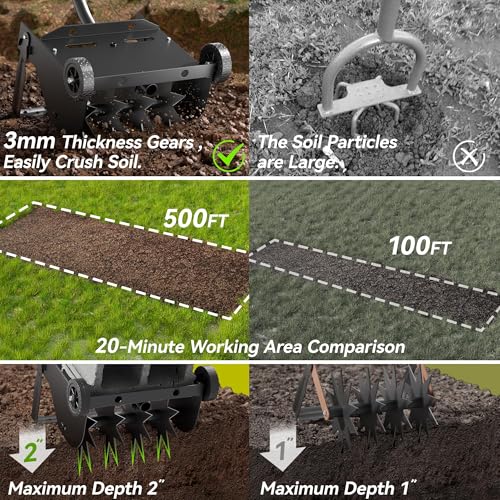 Lineware 9-Inch Lawn Aerator with Steel Handle,Heavy Duty Push Spike Aerator with 2 Wheels,Aerator Lawn Tool, Manual Aerator Lawn Tool with Foam Armrests, Suitable for Lawn, Garden and Yard