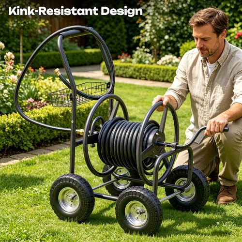 Garden Water Hose Reel Cart - 250 ft. Capacity, 10" Pneumatic Tires, Powder-Coated Steel Frame for Tangle-Free Garden Hose Storage - color: Gray