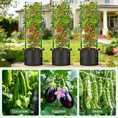 3 Pack Tomato Cage with 10 Gallon Grow Bags, 48" Height Adjustable Tomato Trellis with 65Ft Twist Tie, Heavy Duty Tomato Cages for Garden Flowers Vegetables Climbing Plants