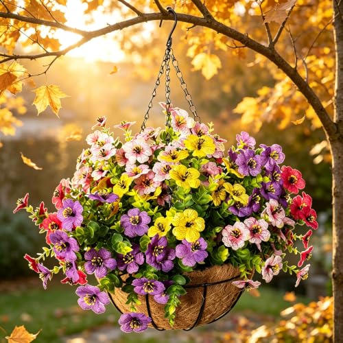 Artificial Hanging Flowers, UV Resistant, 12 Bundles, Mix - color: Purple+pink+yellow+rose Red
