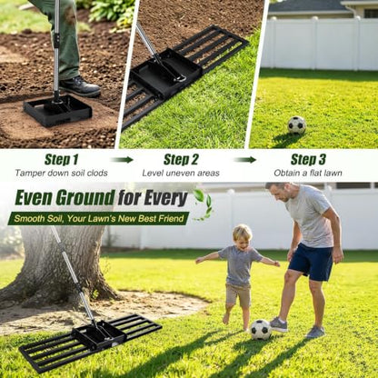 AugFir Lawn Leveling Rake, 2-in-1 Tamp and Lawn Leveler Tool，Heavy Duty Iron Dual-use 45” x 11” Base Plate with 76” Stainless Steel Handle, Quick Detach for Garden, Yard, Farm - color: Black