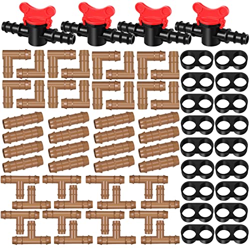 Outus 68 Pcs 1/2 Inch Drip Irrigation Fittings Drip Irrigation Fitting Kit Switch Tee Coupling Elbow and End Cap Plastic Plug Drip Irrigation Connector for Compatible Drip or Sprinkler System