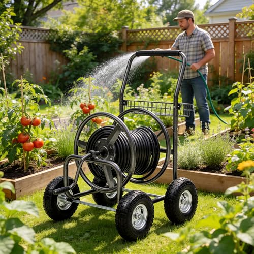 Garden Water Hose Reel Cart - 250 ft. Capacity, 10" Pneumatic Tires, Powder-Coated Steel Frame for Tangle-Free Garden Hose Storage - color: Gray