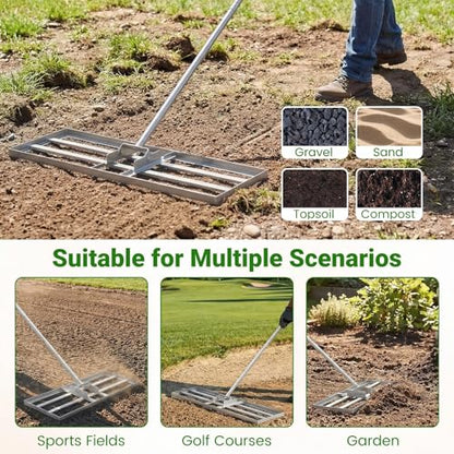 Goplus Lawn Leveling Rake, 30" x 10" Heavy Duty Level Lawn Tool w/ Ergonomic Handle for Soil, Effort-Saving Landscape Rake for Garden, Backyard, Golf Course, Farm, Pasture (Sliver) - color: Sliver