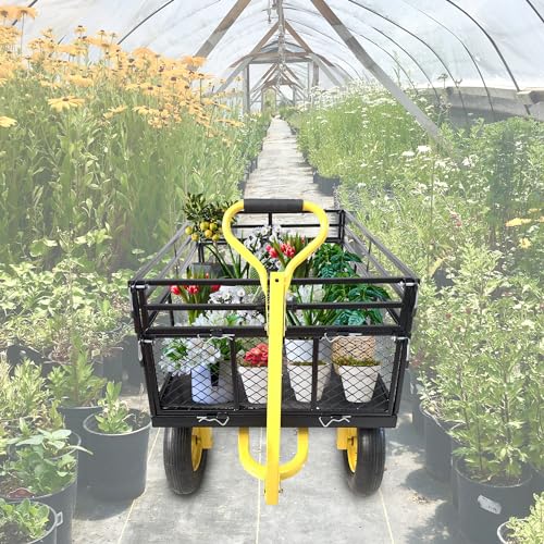 KEIKI 1400 lb Steel Garden Cart with Removable Mesh Sides, Heavy Duty Utility Wagon Convertible Flatbed, 16 in Pneumatic Tires, 2-in-1 Handle Tow Behind or Pull for Yard, Farm, Lawn - color: Yellow