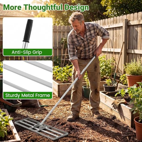 Goplus Lawn Leveling Rake, 30" x 10" Heavy Duty Level Lawn Tool w/ Ergonomic Handle for Soil, Effort-Saving Landscape Rake for Garden, Backyard, Golf Course, Farm, Pasture (Sliver) - color: Sliver
