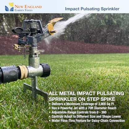 Impact Pulsating Sprinkler 300009 on Metal Step Spike, 70 ft Diameter Reach, 360° Range Control to Cover up to 3,900 Sq Ft for Farm, Lawn and Garden Irrigation, by New England Garden Tools