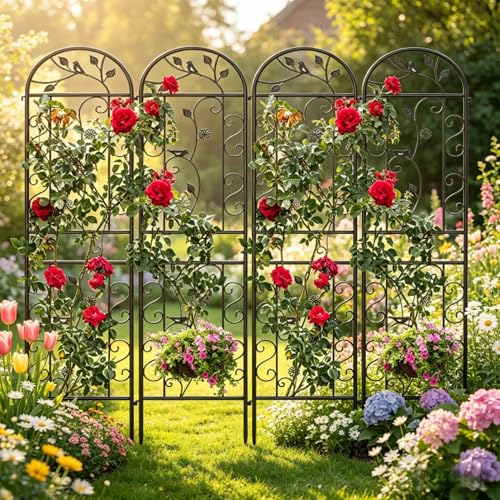 4-Pack 87" x 20" Bird and Daisy Arch Black Metal Garden Trellises - color: 4 Pack 87"- Daisy & Bird Black