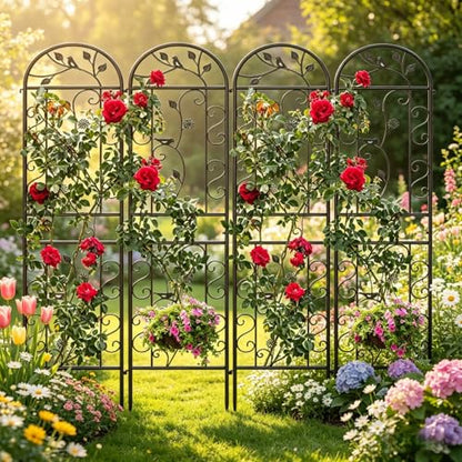 4-Pack 87" x 20" Bird and Daisy Arch Black Metal Garden Trellises - color: 4 Pack 87"- Daisy & Bird Black