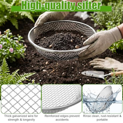 3 Pcs Soil Sifter for Gardening Dirt Sifter Heavy Duty Stainless Steel Sieve Fits 5 Gallon Bucket Rust Resistant 3 Apertures 3mm 6mm 10mm Rock Compost Screen