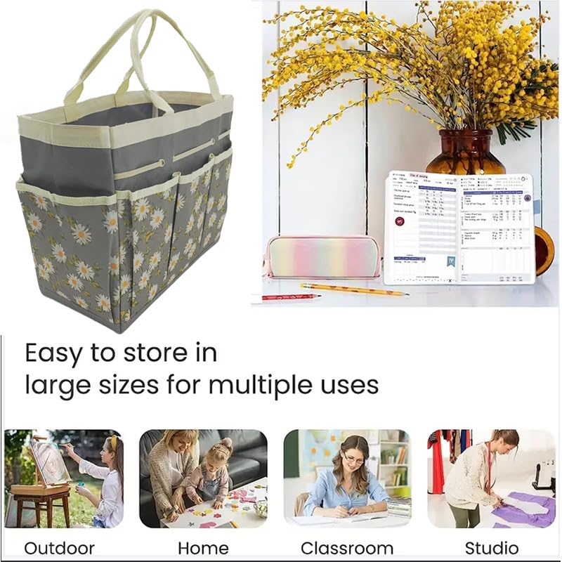 Garden Tool Caddy,Gardening Tote Bag Multi-Pocket,Garden Caddy Garden Bags for Tools Organizer(Daisy Gray Background)
