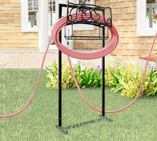 Kingson Water Hose Holder Freestanding, Garden Hose Holder Holds 150-Feet Hose, Heavy Duty Steel Garden Hose Storage Stand with Detachable Storage Basket for Outside Yard Lawn