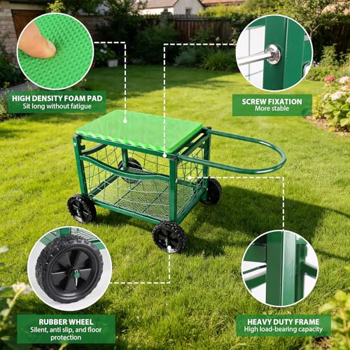 Garden Work Chair with Wheels, Heavy-Duty Gardening Cart with Seat - Garden Stool with Wheels for Lawns, Patios and Backyard Gardening, Hold Max. 350lbs