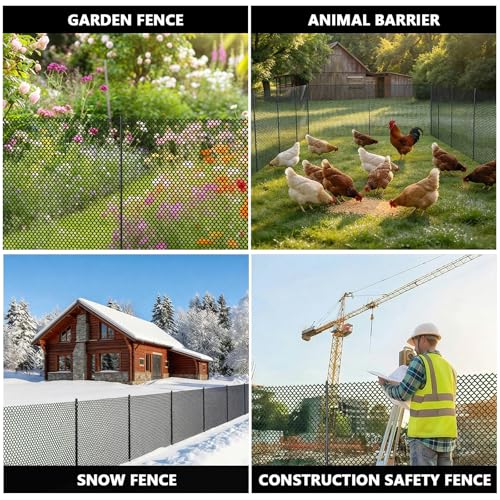 Plastic Chicken Wire Mesh Fence with Metal Stakes, 39.4in x 82ft - color: Black Diamond Grid