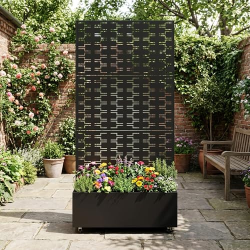 Metal Raised Garden Bed with Trellis and Wheels, 71"x35"x16" (Black-Brick) - color: Black-brick, size: 71"x35"x16"