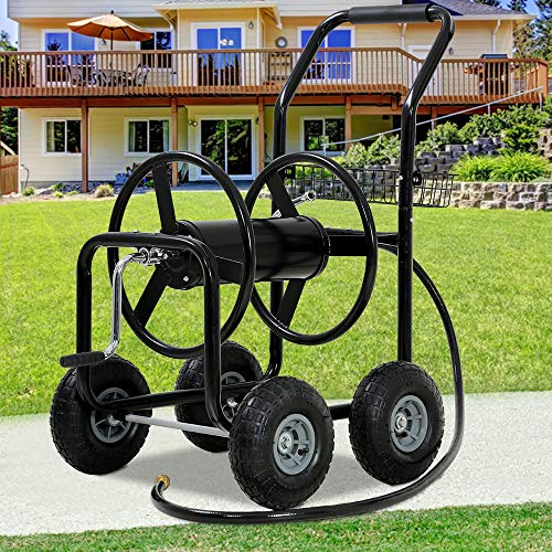 Garden Hose Reel Cart with Wheels, Holds 300-Feet of 5/8-Inch Hose, Heavy Duty Yard Water Planting 4 Wheels Outdoor Garden Lawn Water Truck with Storage Basket,Black - color: Black