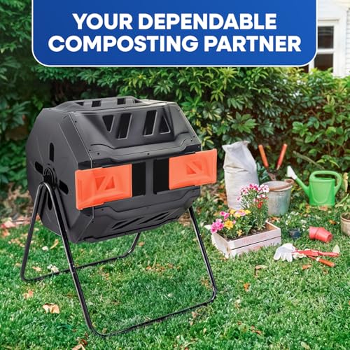 PLASTIC PRINCE Compost Tumbler Rotating Garden Compost Bin Outdoor Dual Chamber 43 Gallon Backyard Composter Tumbling Barrel Mixer Outside, Large, Orange - color: Black/Orange