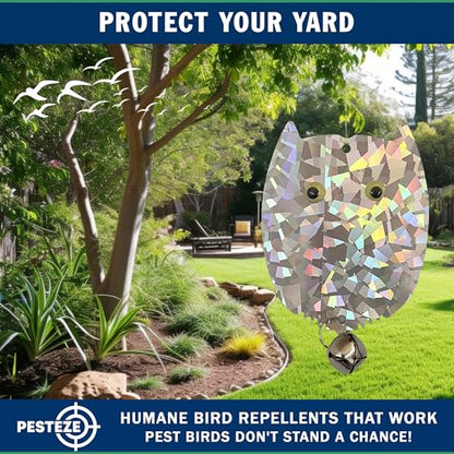 PESTEZE USA Owl Bird Deterrent Reflective Hanging Decoy Repellent with Bell, 4 Pack 3.5 x 5 in Shiny Scare Device Keep Birds Away Outdoor Porch Garden Yard Patio Protect Property