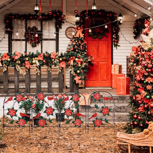 hogardeck Outdoor Christmas Decorations, 2 Pcs Metal Fence Floral Decorative Garden Stakes with Poinsettia Red Birds for Christmas Decor, Yard Signs for Garden Lawn Patio Home - color: Christmas Red