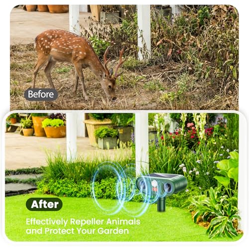 2026 New Upgrade Solar Powered Ultrasonic Animal Repellent Outdoor | Motion Activated Flash Light IP65 Waterproof Repeller Drives Away Deer Opossums for Yard Farm (4-Pack)