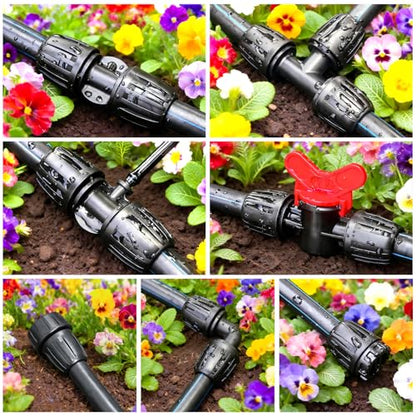 24 Pcs 1/2 Inch Drip Irrigation Fittings Kit, 1/2 Inch Drip Tubing (0.60"-0.65" OD) Parts Including 4 Tees 5 Couplings 4 Elbows 4 Reducing T 4 Plugs 2 Valves 2 Threaded Faucet Adapter - size: 1/2 inch Fittings