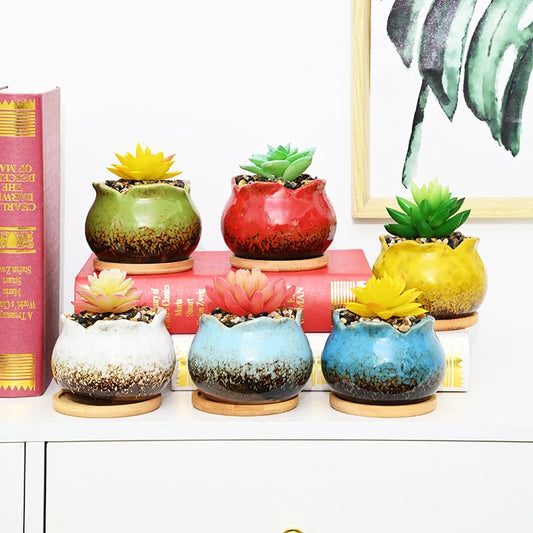 Cute 4" Round Ceramic Home Garden Decoration Succulent Cactus Flower Pots Container -Plant Not Included，6 Colors - color: 6 Colors