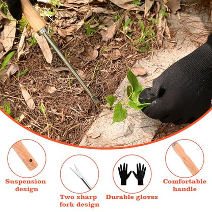 Wooden Handle Dandelion Weeder Tool - Polished Stainless Steel Dual - Forked Head Dandelion Weeder Puller Tool for Planting, Weeding, Flower & Vegetable Care with Nylon Nitrile Coated Gloves - color: silvery