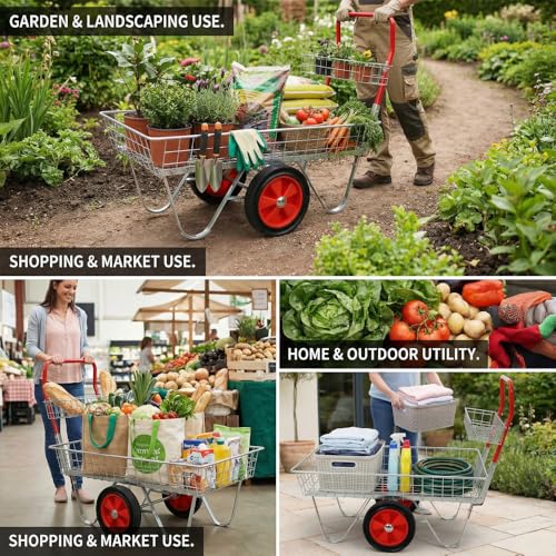 Heavy Duty Garden Utility Cart with Large Wheels 330 Lbs Capacity, Galvanized Steel Rolling Storage Trolley for Outdoor Patio Yard Lawn, Gardening Tools Transport Cart for Gardener