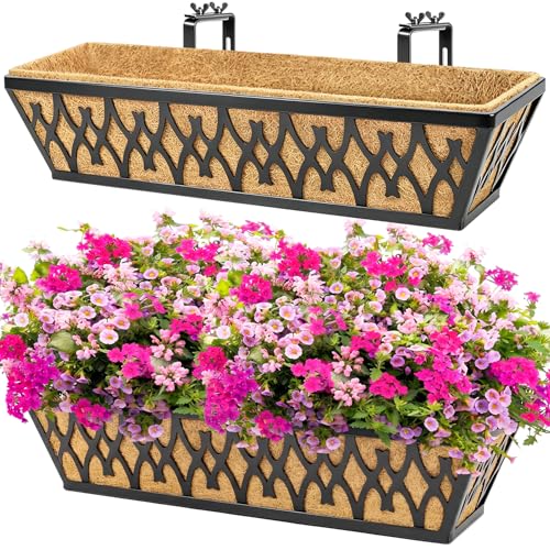 2 Pack 24 Inch Window Boxes Planters Railing Planter Box with Adjustable Brackets for Porch Fence Patio Balcony Hanging Flower Baskets with Coco Liners for Outdoor Garden Décor - Black - color: Black, size: 24 Inch - 2 Pack
