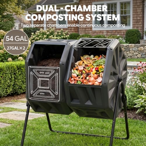 Werph 54 Gallon Large Outdoor Compost Tumbler, Dual Chamber Compost Bin