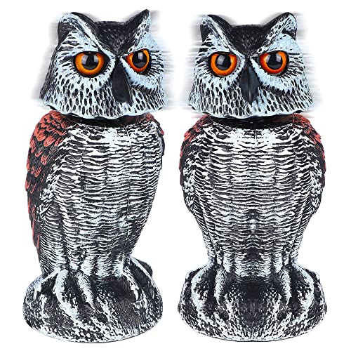 Hausse 2 Pack Fake Owl Decoy Bird Scarecrow Sculpture, Rotating Head Plastic Owl Bird Deterrents, Nature Enemy Horned Pest Repellent for Outdoor Garden Yard - size: 2 Pack, 10.6 Inch