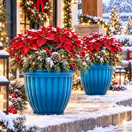 Autodaya 15" Large Planters for Outdoor Plants Set of 2 Plastic Flower Pots - color: 15" Gradient Cobalt Blue Finish