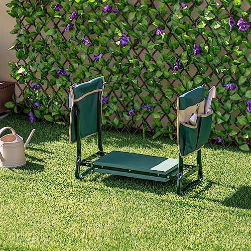 HAPPYGRILL Garden Kneeler Bench for Kneeling and Sitting, Portable Garden Kneeler Seat with 2 Large Tool Pouches, EVA Foam Kneeling Pad, Foldable Gardening Tool Bench