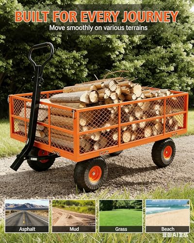 1200 LBS Heavy Duty Steel Garden Cart, 3-in-1 Yard Wagon, 13" Air Tires - color: Orange, size: 1200LBS