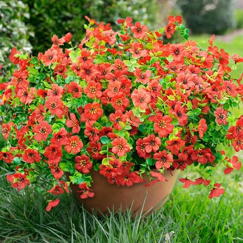 Daisy Artificial Flowers for Outdoors Decor, 12 Bundles Faux Daisy with Eucalyptus Fake Plants Greenery UV Resistant Look Real Colorful Faux Flowers for Outside Planter Porch Patio Yard Gardens, Red - color: Red