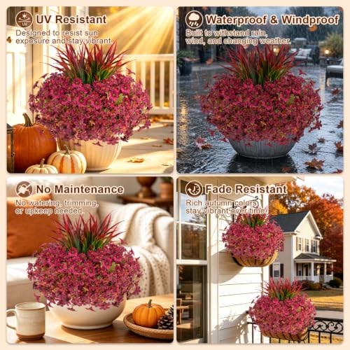 18PCS Artificial Fall Flowers Outdoors, UV Resistant Fake Mums with Grass - color: Burgundy Daisies & Violets & Grass