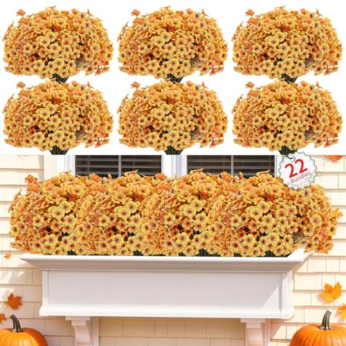 22 Pack Artificial Fall Flowers Mums for Outdoor Indoor(Fall Yellow) - color: Autumn Yellow, size: 22 Bundles