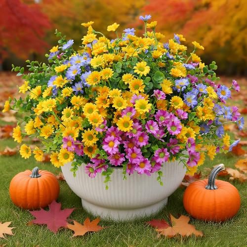 alyptus Artificial Mums for Outdoors 16 Bundles UV Resistant Plants Yellow Faux Sile Daisy Fake Plastic Eucalyptus for Fall Decor - color: Multi Color