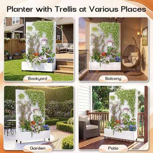 MTART Metal Planter Box with Trellis Outdoor, 72"x47"x16" Galvanized Raised Garden Bed with Privacy Screen & Drainage Holes & Lockable Casters for Climbing Plants, Vegetable, Vines (Louvered-White) - color: Louvered-white
