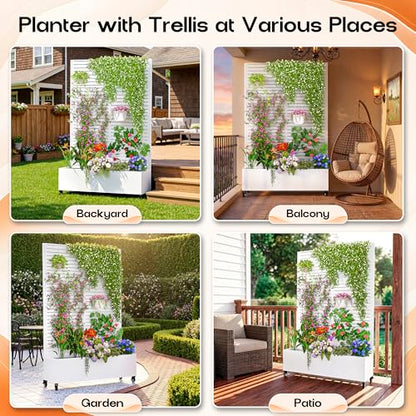 MTART Metal Planter Box with Trellis Outdoor, 72"x47"x16" Galvanized Raised Garden Bed with Privacy Screen & Drainage Holes & Lockable Casters for Climbing Plants, Vegetable, Vines (Louvered-White) - color: Louvered-white