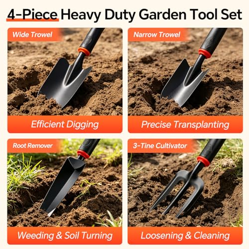 Vinid 4-Piece Heavy-Duty Garden Tool Set, Wide & Narrow Trowel, Root Remover, 3-Tine Cultivator, Hand Rake with Soft Rubber Non-Slip Handle, Idea Gift for Women, Mother