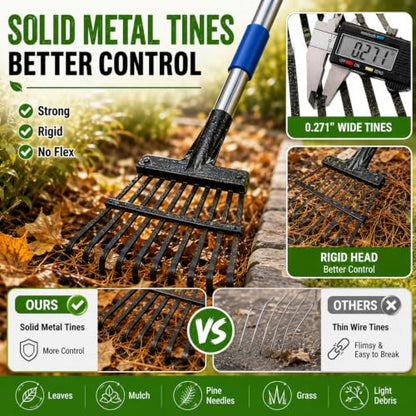 Garden Leaf Rake, 8.5" Head, 36-74 " Adjustable Handle, Sturdy Steel Tines - color: silver, size: 11tine