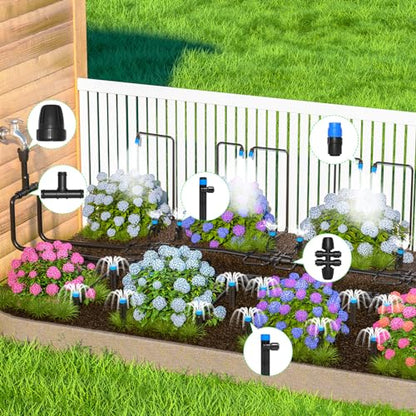 MIXC 247 FT Drip Irrigation System,Quick Connector Garden Watering System Automatic Sprinkler System Kit for Lawn Raised Bed Greenhouse Plant Watering System with 1/4'' Tubing,Drip Emitters,Connectors - size: 50FT Main tube+197FT 1/4'' tube