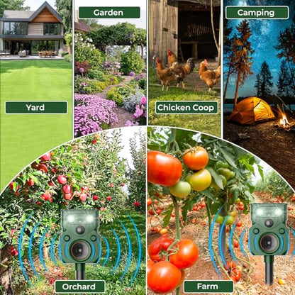 Solar Ultrasonic Animal Repellent Outdoor – Motion Activated, IP65 Waterproof, Designed to Discourage Unwanted Animals in Yard – Deer, Coyote, Cats, Squirrel, Raccoon with LED Flashing Lights