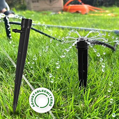 Mudder 100 Pcs 5.2 Inches Drip Irrigation Emitters for 1/4 Inch Drip Irrigation Tubing 360 Degree Adjustable with Arrow Stake Fan Sprayer for Garden Watering System