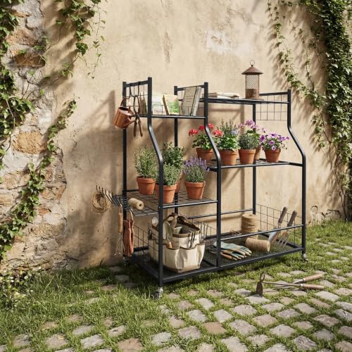 Tool Organizer, Rolling Garden Tool Storage Rack with Wheels Black