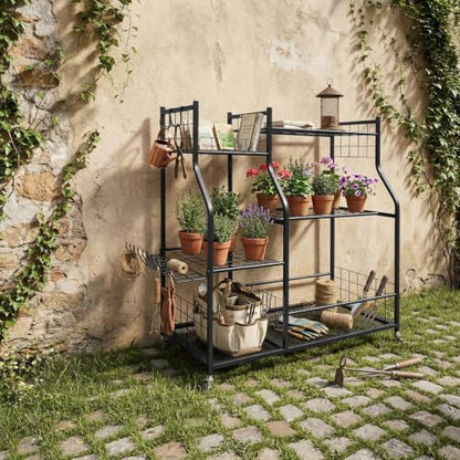Tool Organizer, Rolling Garden Tool Storage Rack with Wheels Black